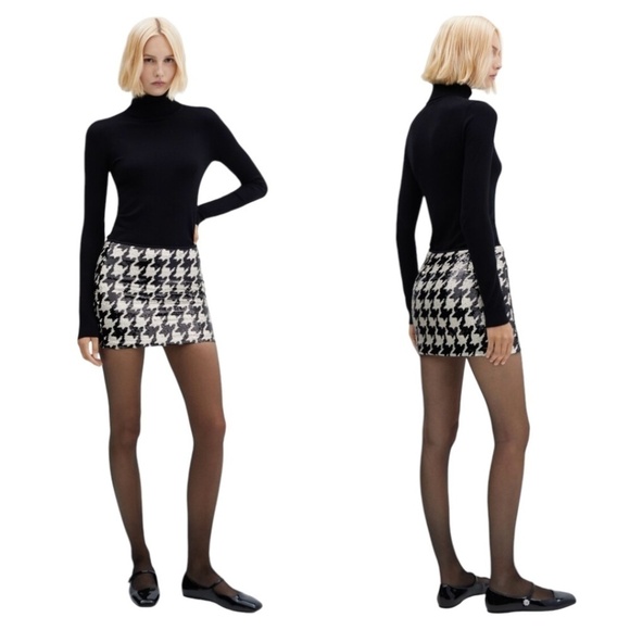 MANGO Black & White Houndstooth Sequin Mini Skirt Side Zipper US Sz S - Picture 1 of 10